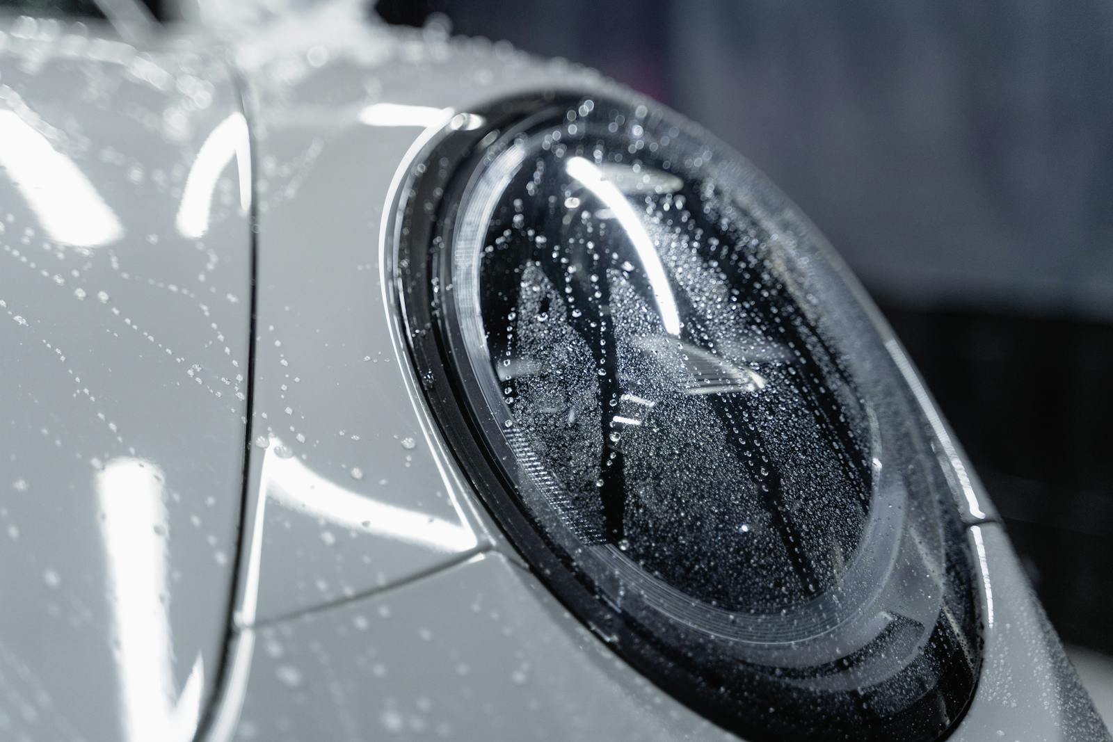 A detailed shot of a car headlight covered in water droplets, showcasing automotive design.